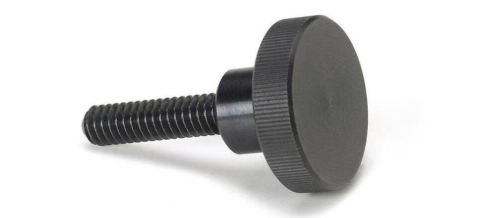 Adjustment screw with a straight-knurled round head and threaded shank