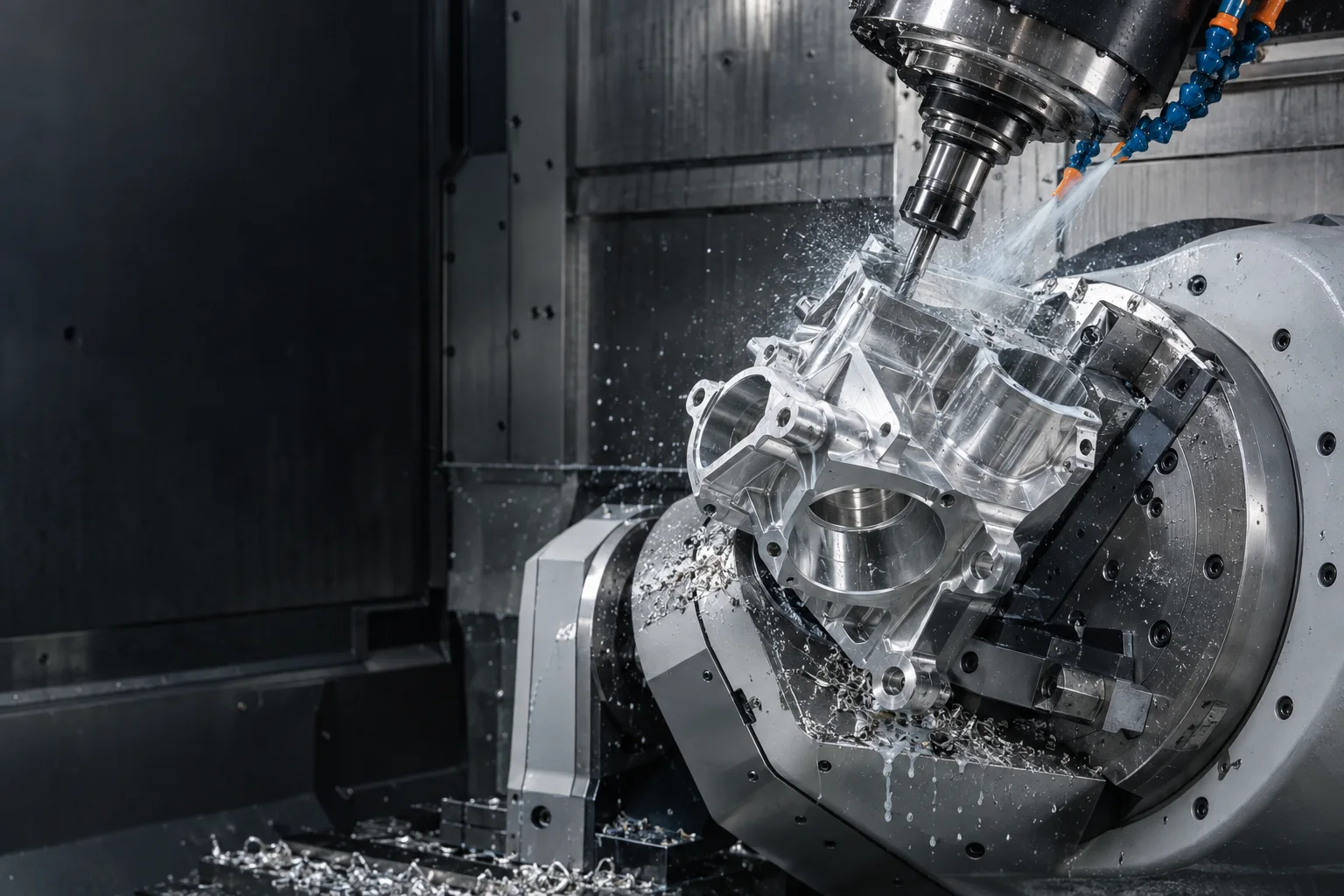 Five-axis CNC machine milling a precision metal component